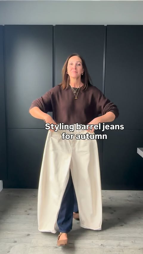 Instagram post by @buttonsandblazers for Hush. Caption reads: “How to style barrel jeans for autumn” is my most....