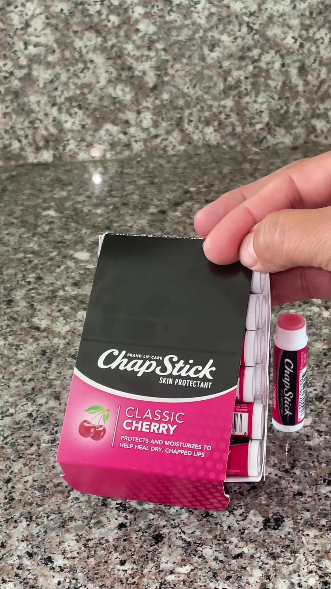 TikTok post by @vanesamomarmy for ChapStick. Caption reads: ChapStick Classic Cherry Lip B@ChapStick.US [...].