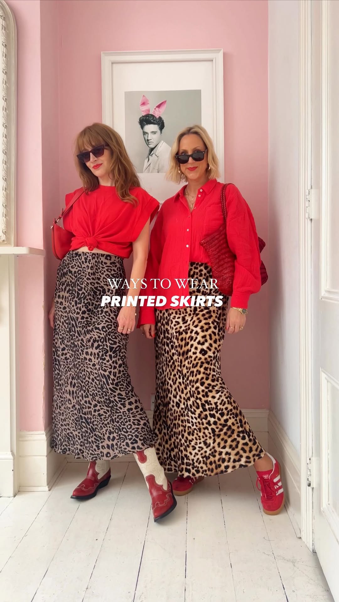 Instagram post by @belleandbunty for Next Press. Caption reads: Ways to Wear Printed Skirts 🐆🦓 Team leopard or....