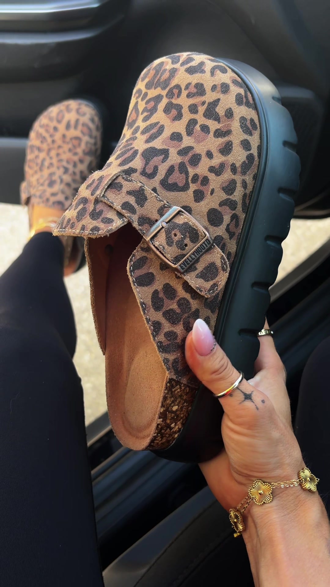 TikTok post by @sophmademebuyit for Evellyhootd. Caption reads: @EVELLYHOOTD US Platform Clogs in the leopard....
