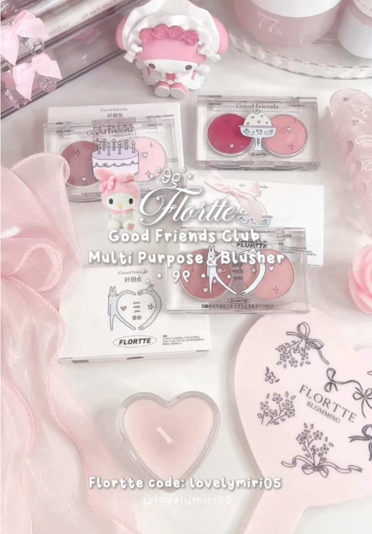 TikTok post by @lovelymiri05 for Flortte Beauty. Caption reads: [...] 🏷️ #pinkaesthetic #flortte #florttebeauty....