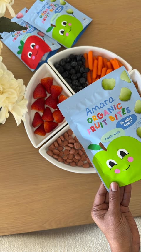 Instagram post by @shikha.w16 for Amara Organic Foods. Caption reads: Playdates = happy chaos + easy snack wins 🙌 #ad....