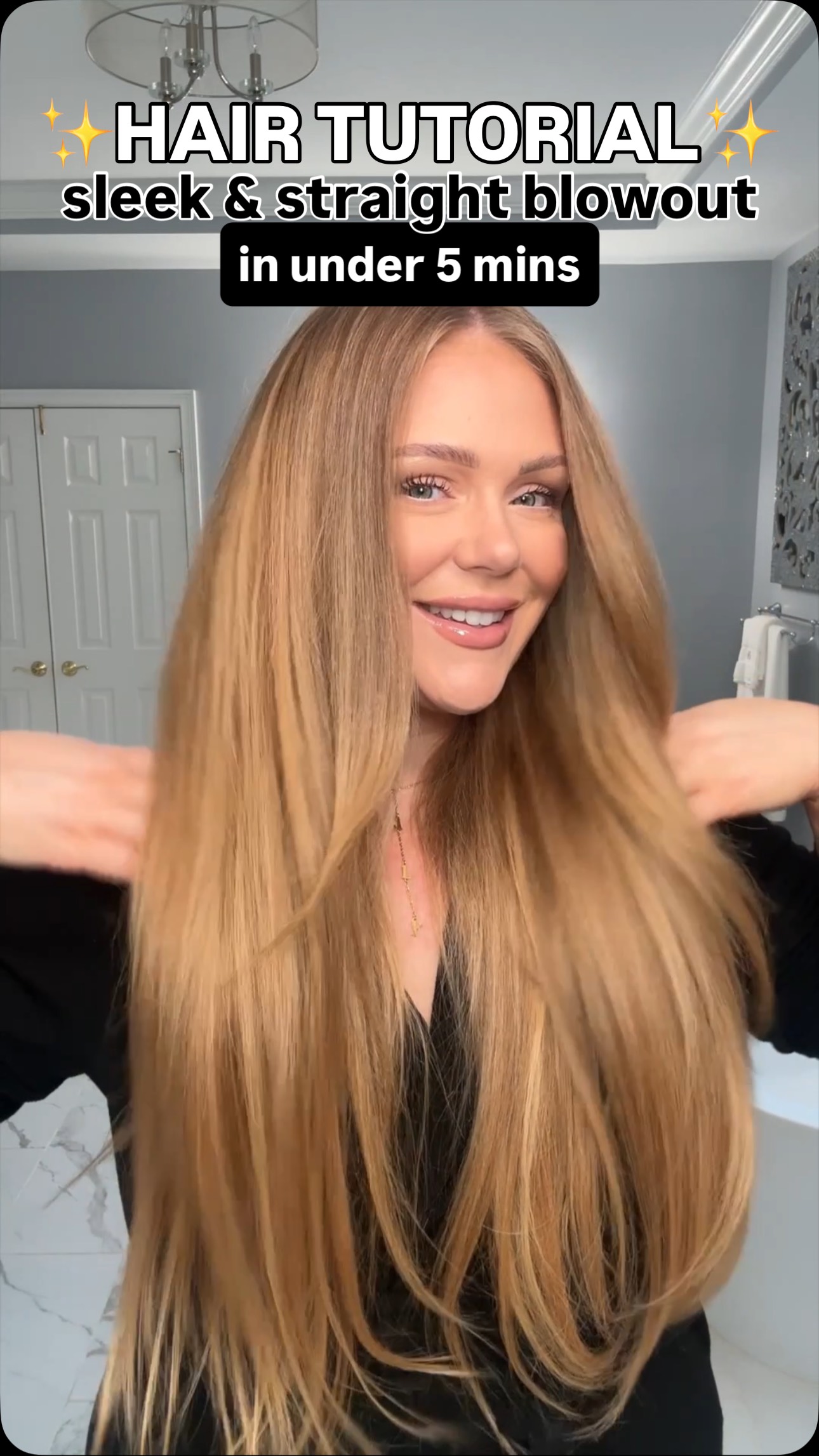 Instagram post by @kellystrackofficial for HSN. Caption reads: How I style my hair sleek & straight in under 5....