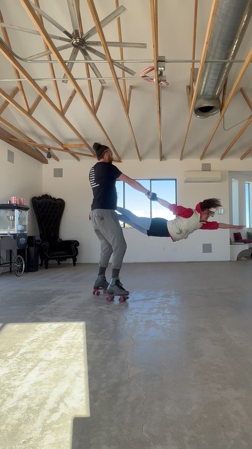 Instagram post by @kimmanningspacequeen for ororo Heated Apparel. Caption reads: #spon Spinning and flying with @ryanacarrillo....
