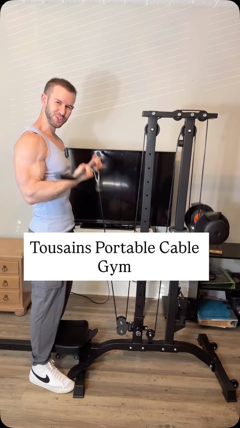 Instagram post by @munzfitness for TOUSAINS. Caption reads: Portable Cable Tower by Tousains fits anywhere in....
