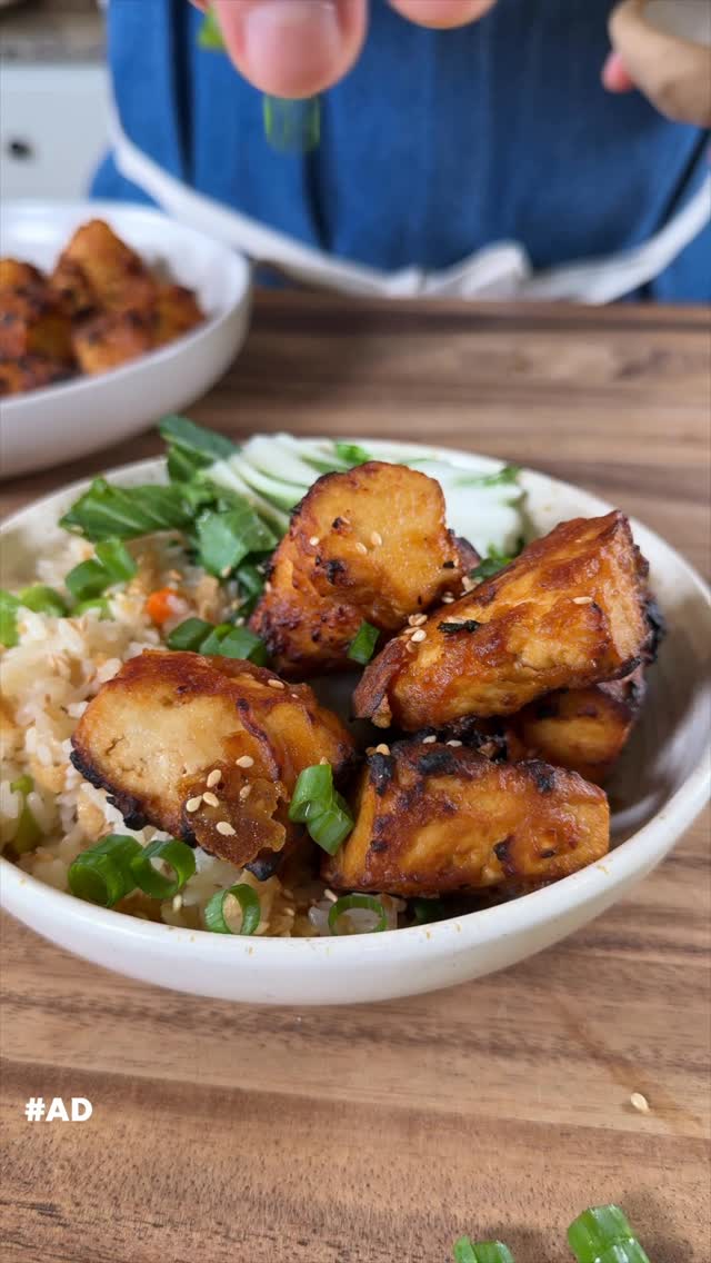 Instagram post by @consciouschris for PowerXL. Caption reads: CRISPY MISO SESAME TOFU cooked to perfection in....