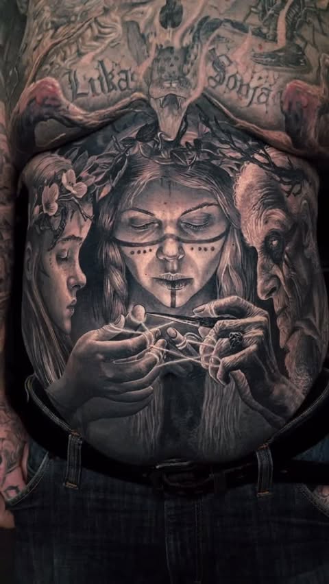 Instagram post by @moriel.seror for Killer Ink Limited. Caption reads: Three norns stomach piece. One year....