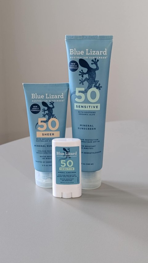 Instagram post by @derm.mom for Blue Lizard Sunscreen. Caption reads: [...] easy to teach my son that if the....