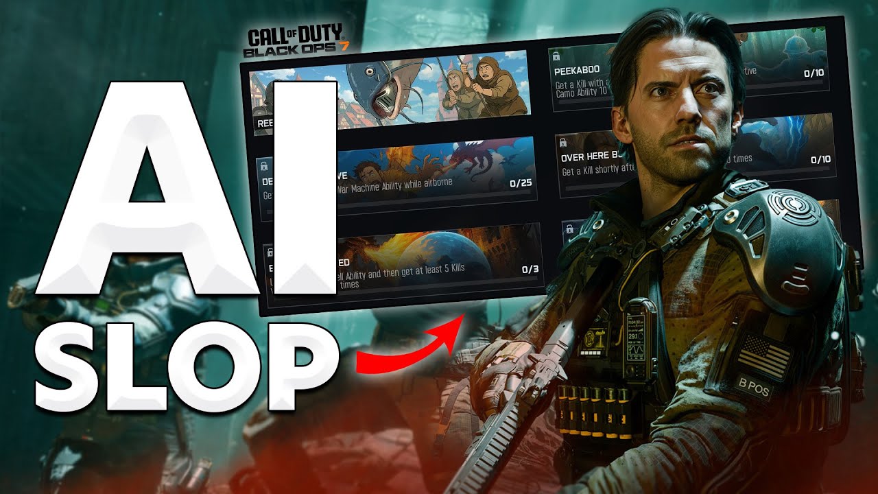 YouTube post by @insidegames for IGN. Caption reads: Black Ops 7 Is Full of AI Slop – Inside Games....