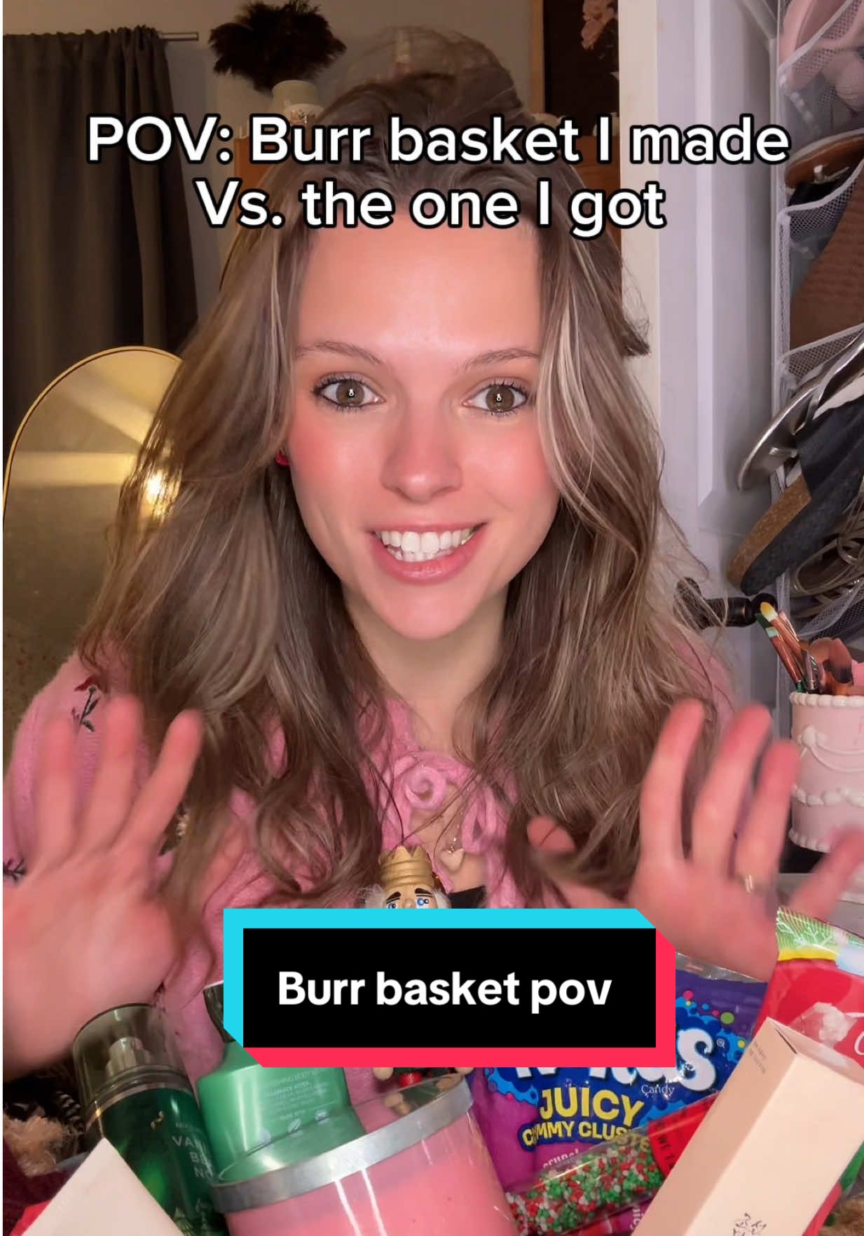 TikTok post by @kaitlin_p123 for Bath & Body Works. Caption reads: [...] #pov #burrbasket @Beauty of Joseon @Bath &....