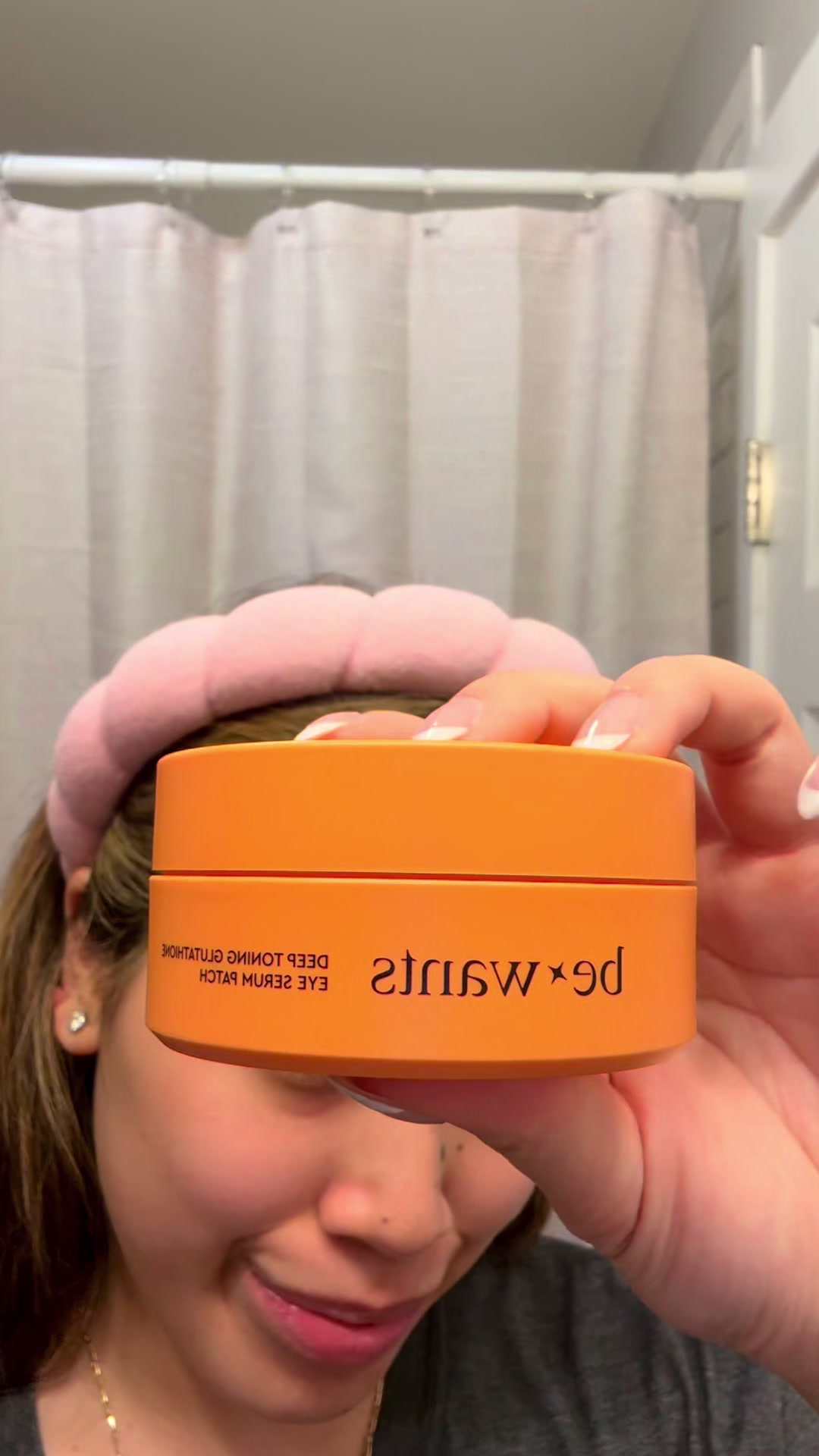 TikTok post by @sabrinaxchen_ for Hwahae Global Official. Caption reads: bewants DEEP TONING GLUTATHIONE EYE SERUM PATCH....