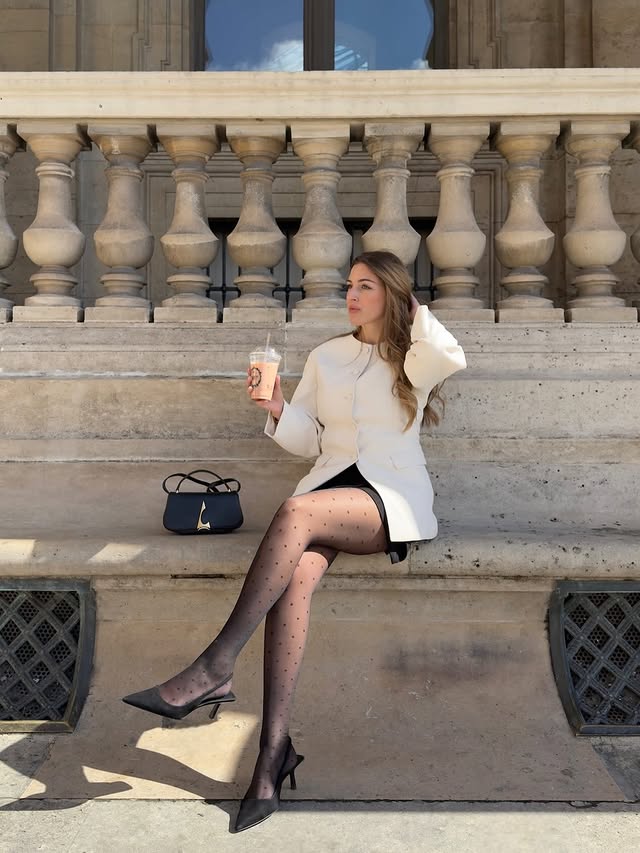 Instagram post by @juliettemcm for Calzitaly. Caption reads: When polka dots are back for spring Ad @calzitaly.