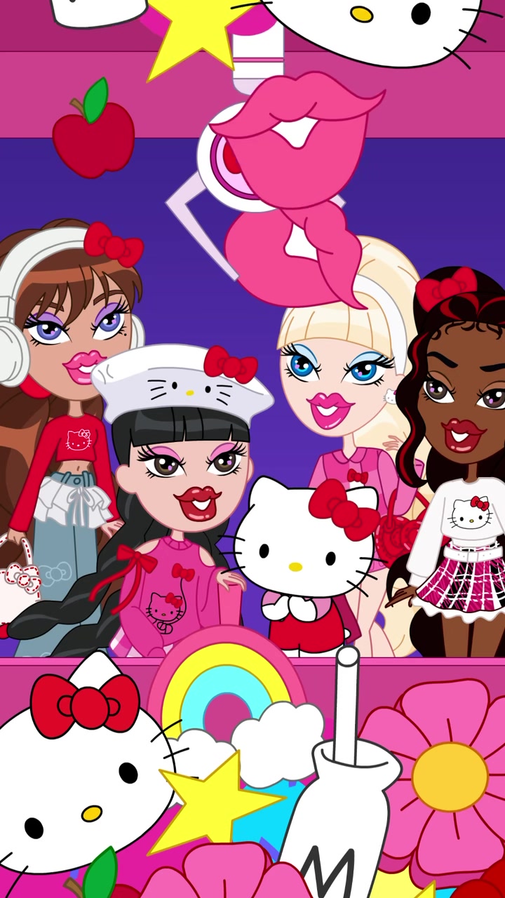 TikTok post by @bratz for Hello Kitty. Caption reads: Have you grabbed yours yet? 🕹🎀 The new Bratz x....