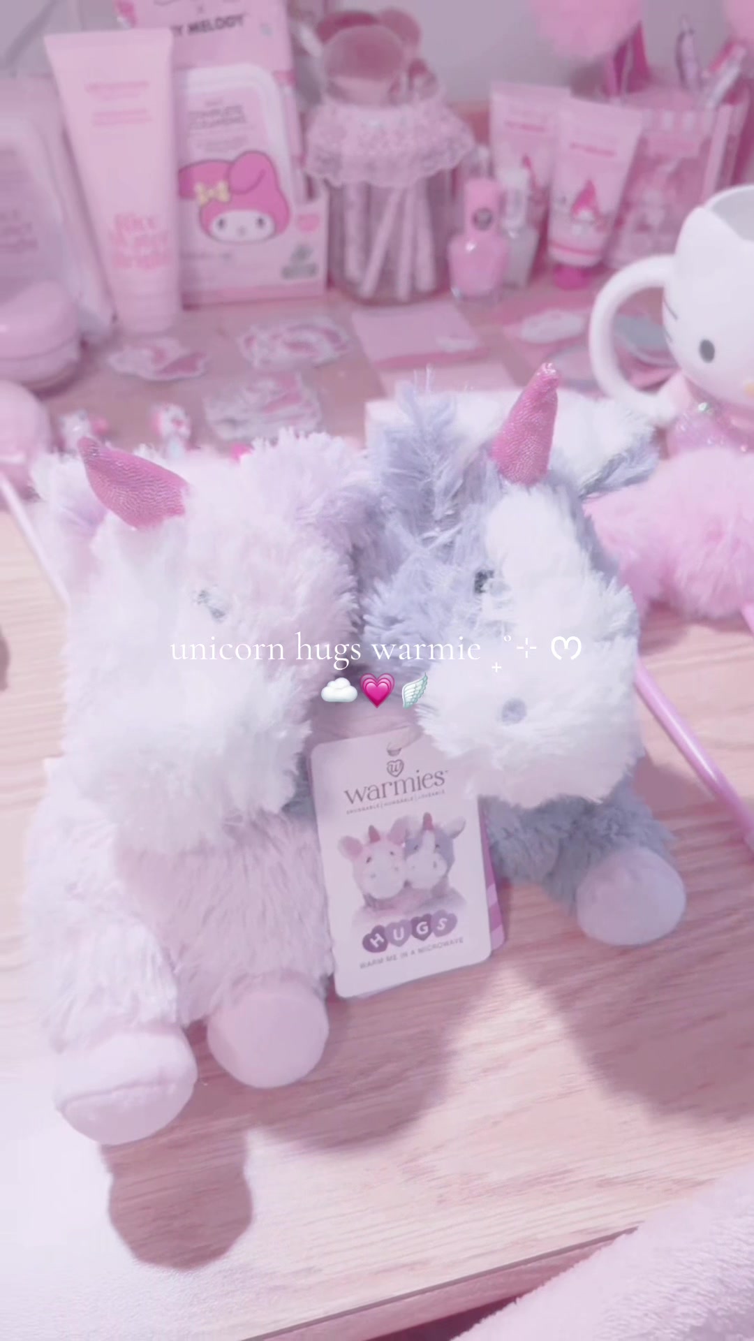 TikTok post by @_hearts4anaa for Warmies. Caption reads: [...] #🎀 #pink #girly #unicorn #plushies @Warmies.