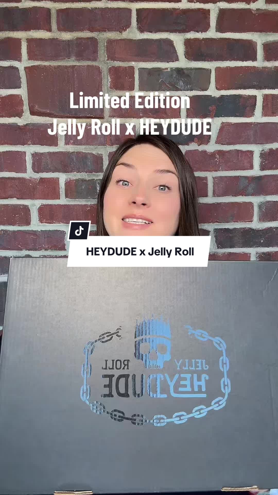 TikTok post by @emndadventures for HEYDUDE. Caption reads: [...] TikTok Exclusive Jelly Roll Heydudes right....
