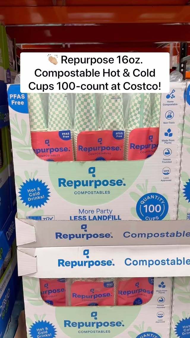 Instagram post by @costcobuys for Repurpose. Caption reads: 👏🏼 @Repurpose 16oz. Compostable Hot & Cold Cups....