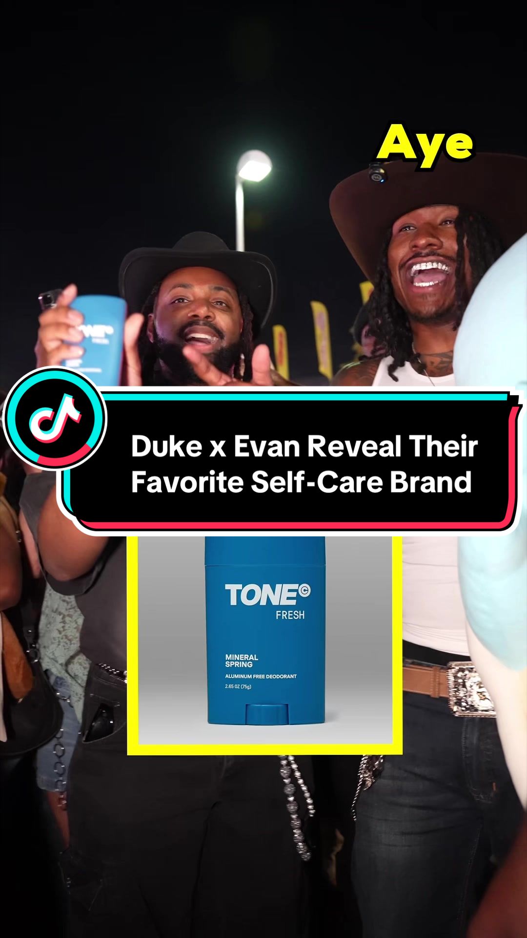 TikTok post by @evanfrom716_ for TONE by AMP. Caption reads: Duke & Evan Reveal Their Favorite Self Care Brand....