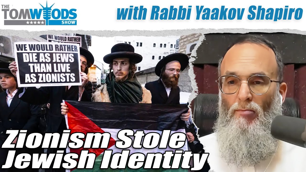 YouTube post by @TomWoodsTV for Omaha Steaks. Caption reads: Zionism Stole Jewish Identity, with Rabbi Yaakov....