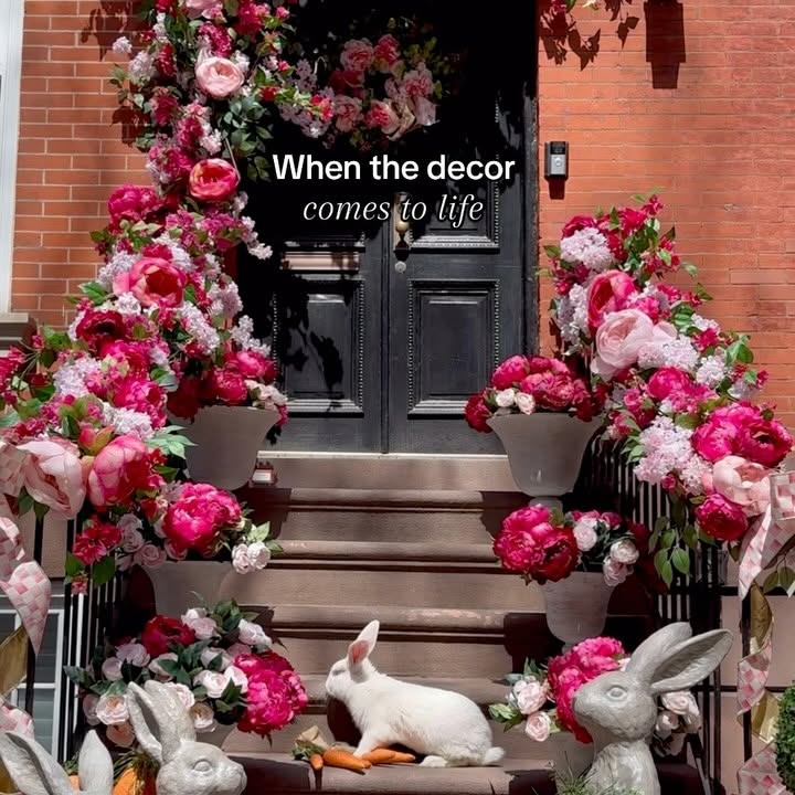 Instagram post by @khemric for Better Homes & Gardens. Caption reads: When the stoop decor comes to life! 🌸🐰🥕🌸

Hop....