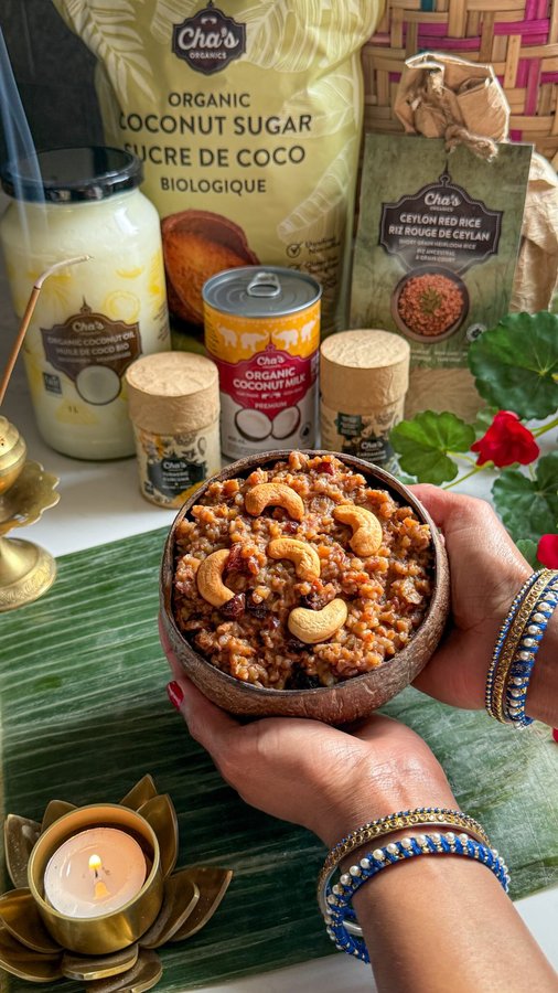 Instagram post by @brown_ceylonese_foodjournal for Cha's Organics. Caption reads: Celebrating the harvest season with a sweet and....