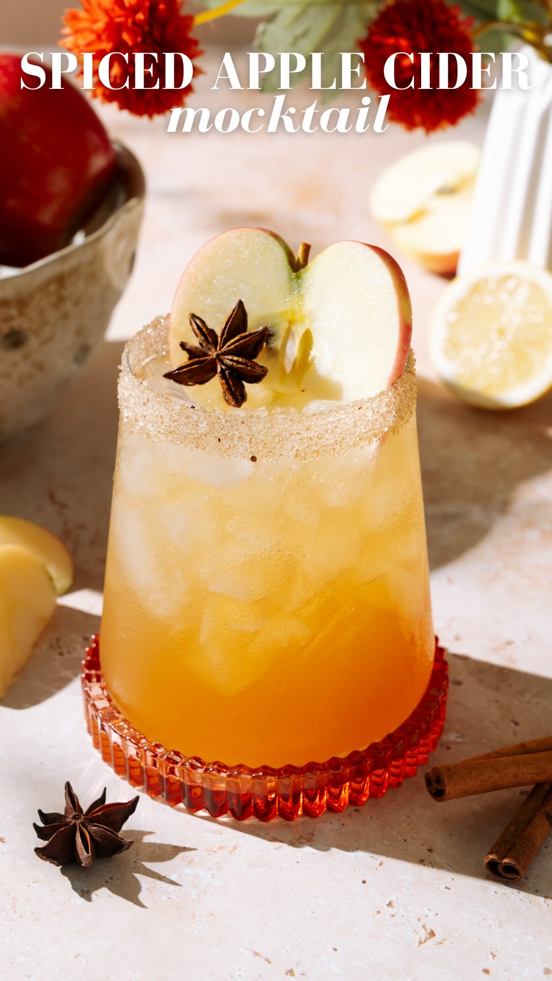 Instagram post by @thesocialsipper for Caraway Home. Caption reads: mixed up this SPICED APPLE CIDER MOCKTAIL with....