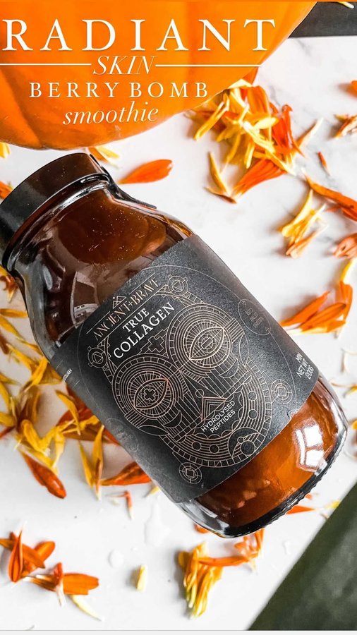 Instagram post by @victoriaeverest_ for Healf. Caption reads: AD| 𝚋𝚎𝚛𝚛𝚢 𝚋𝚘𝚖𝚋 collagen 𝚜𝚖𝚘𝚘𝚝𝚑𝚒𝚎....