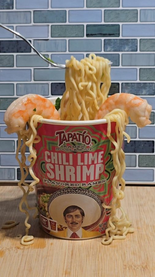 Instagram post by @just8ate for Tapatio Ramen. Caption reads: [...] Than Just Ramen Chili Lime Shrimp Tapatio....