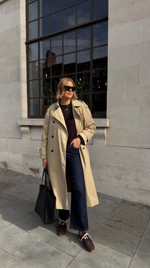 Instagram post by an influencer for Hush. Caption reads: [...] Trench coat & Jeans @asos Knit @hushofficial....
