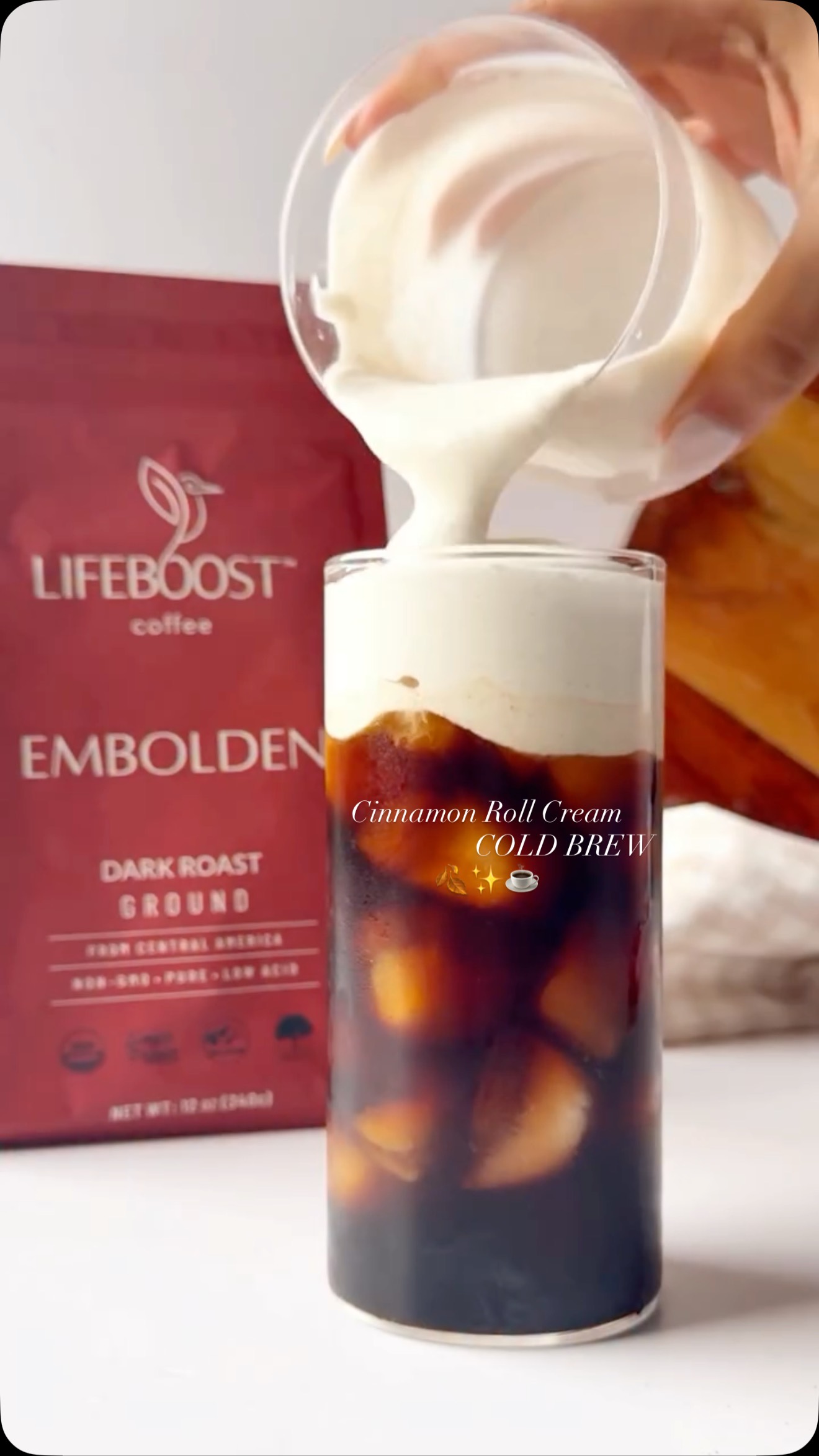 Instagram post by @coffeevibes03 for Lifeboost Coffee. Caption reads: Made a delicious Cinnamon Roll Cream Cold Brew....
