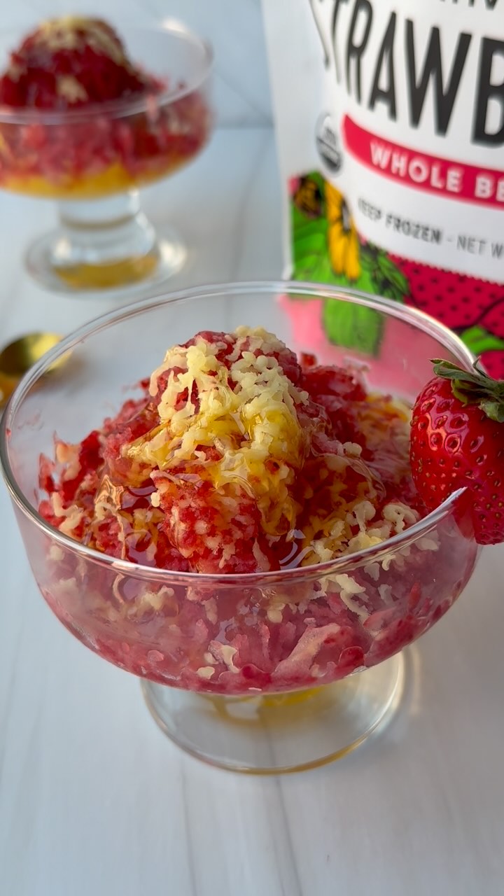 Instagram post by @lesswithlaur for Pitaya Foods. Caption reads: I finally tried the viral shaved frozen fruit....