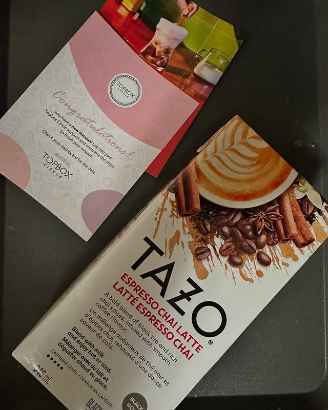 Instagram post by @shinewithsans for Tazo. Caption reads: [...] this amazing ESPRESSO CHAI LATTE from....