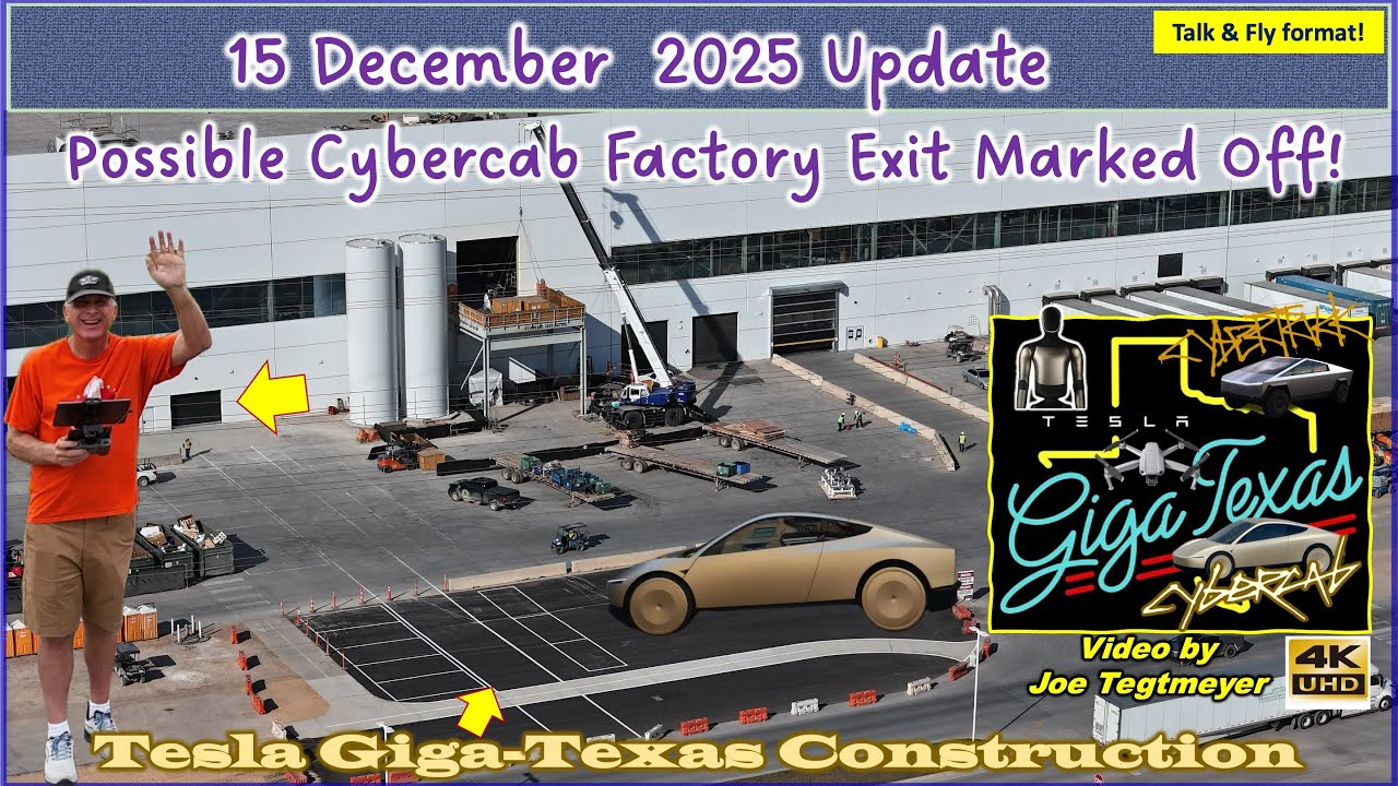 YouTube post by @JoeTegtmeyer for Tesla. Caption reads: Cybercab Factory Exit, Far N Clearing, Cortex 2....