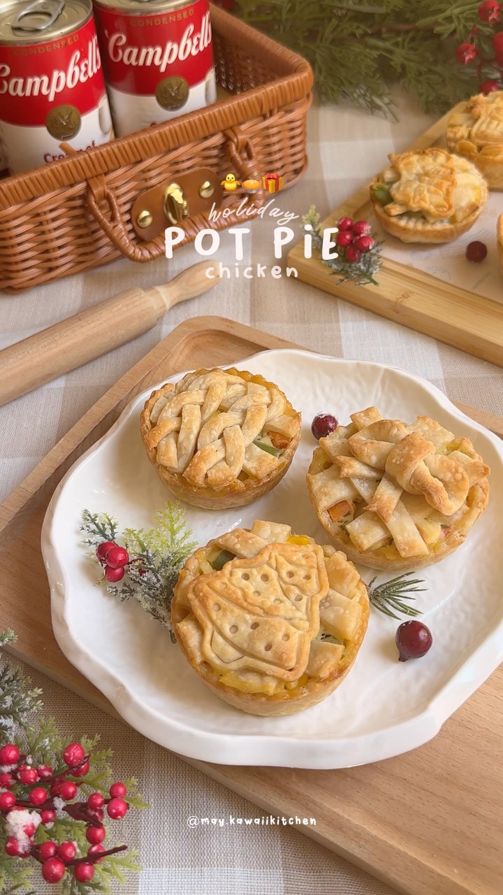Instagram post by @may.kawaiikitchen for Campbell's. Caption reads: Mini Holiday Chicken Pot Pies 🥧🎄 

With just 5....