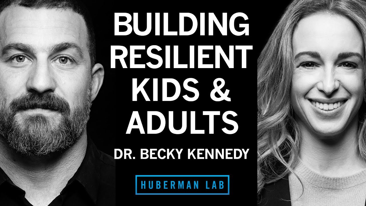 YouTube post by @hubermanlab for Joovv. Caption reads: Overcoming Guilt & Building Tenacity in Kids &....
