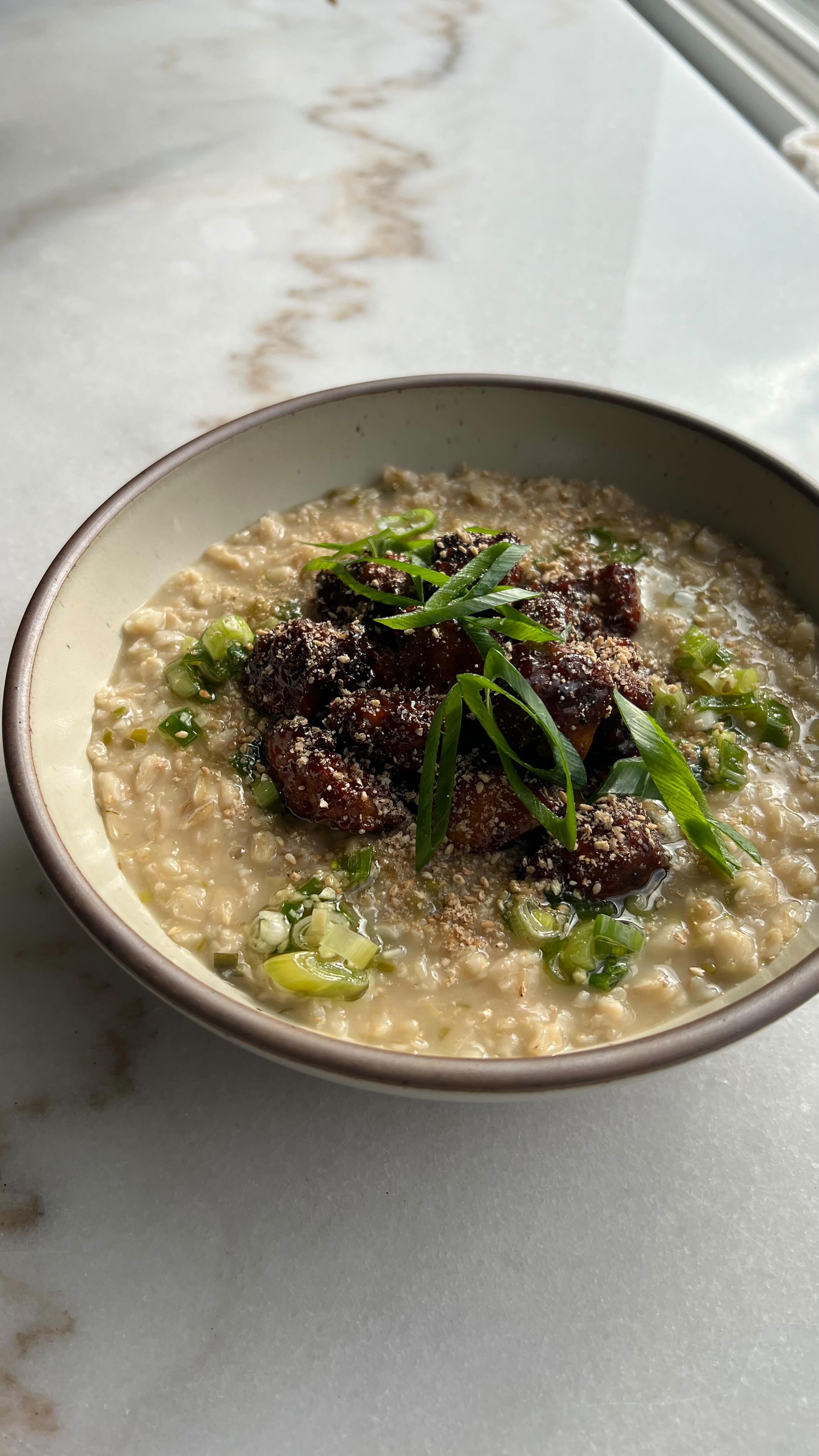 Instagram post by @plantbasedrd for One Degree Organic Foods. Caption reads: 🫚 Savory Ginger Scallion Oats with Brown Sugar....