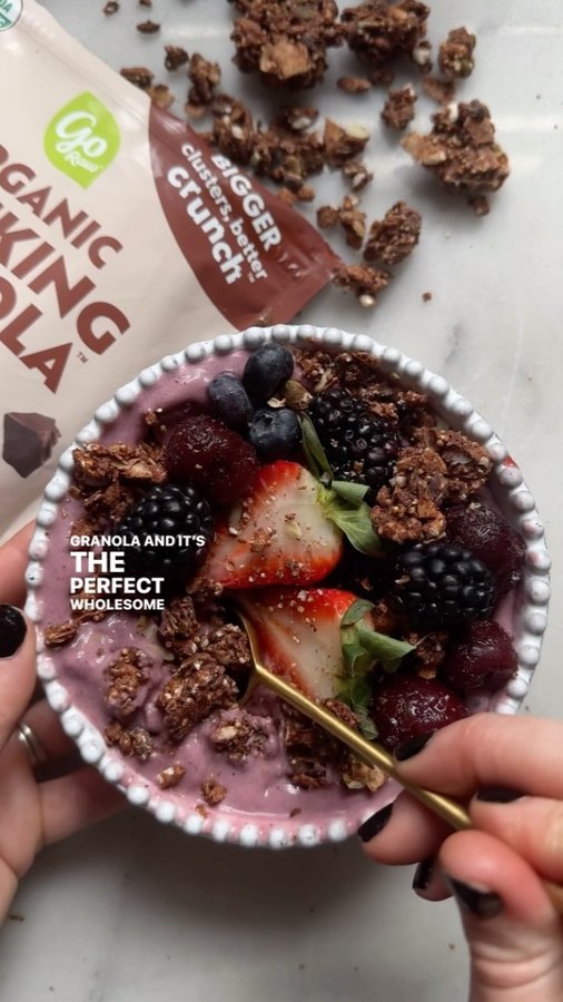 Instagram post by @prettydeliciouslife for Go Raw. Caption reads: Have a wholesome dessert for breakfast with this....