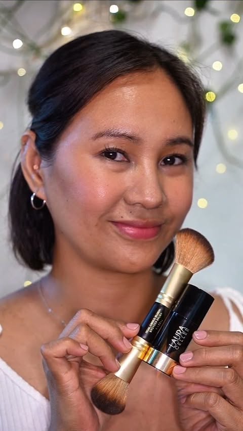 Instagram post by @willworkformascara for – Laura Geller. Caption reads: Bare cheeks → instant “alive” glow in seconds....