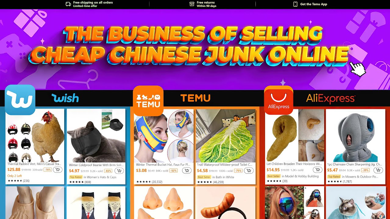 YouTube post by @ModernMBA for Rollo. Caption reads: The Absurd Economics of Wish, AliExpress, and Temu.