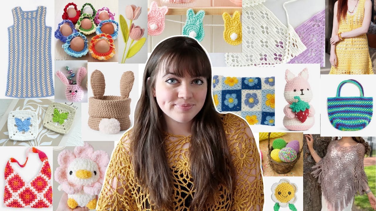 YouTube post by @omazingpaige for Yarnspirations. Caption reads: 50 easy SPRING crochet ideas with FREE patterns....