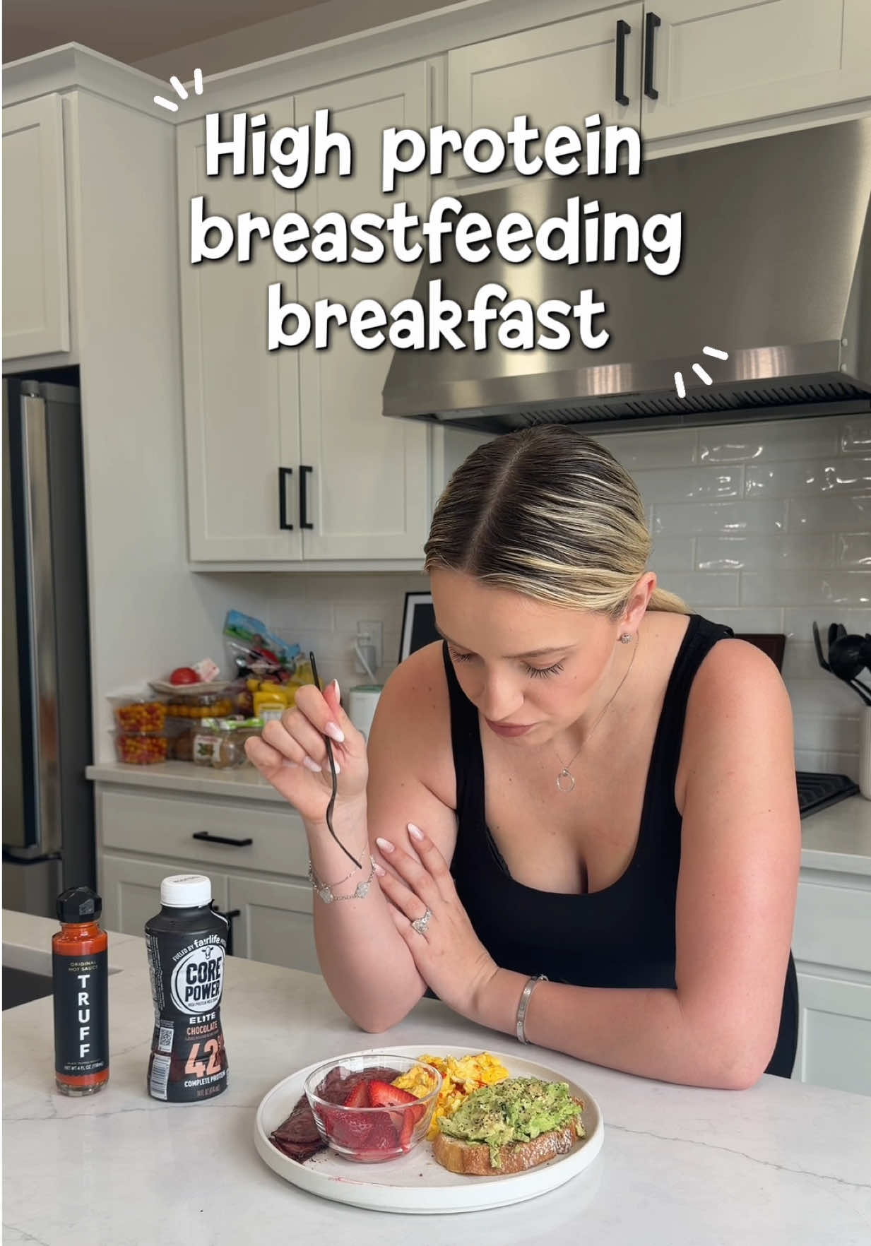 TikTok post by @tricia.marchese for Truff. Caption reads: [...] breastfeeding hyperfixation breakfast &....