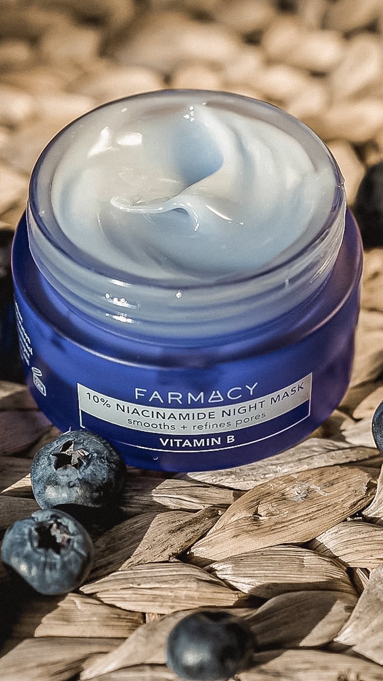 Instagram post by @kate_romanoff for FarmacyBeauty. Caption reads: 💜 NIACINAMIDE NIGHT MASK 💜
Now in two sizes —....