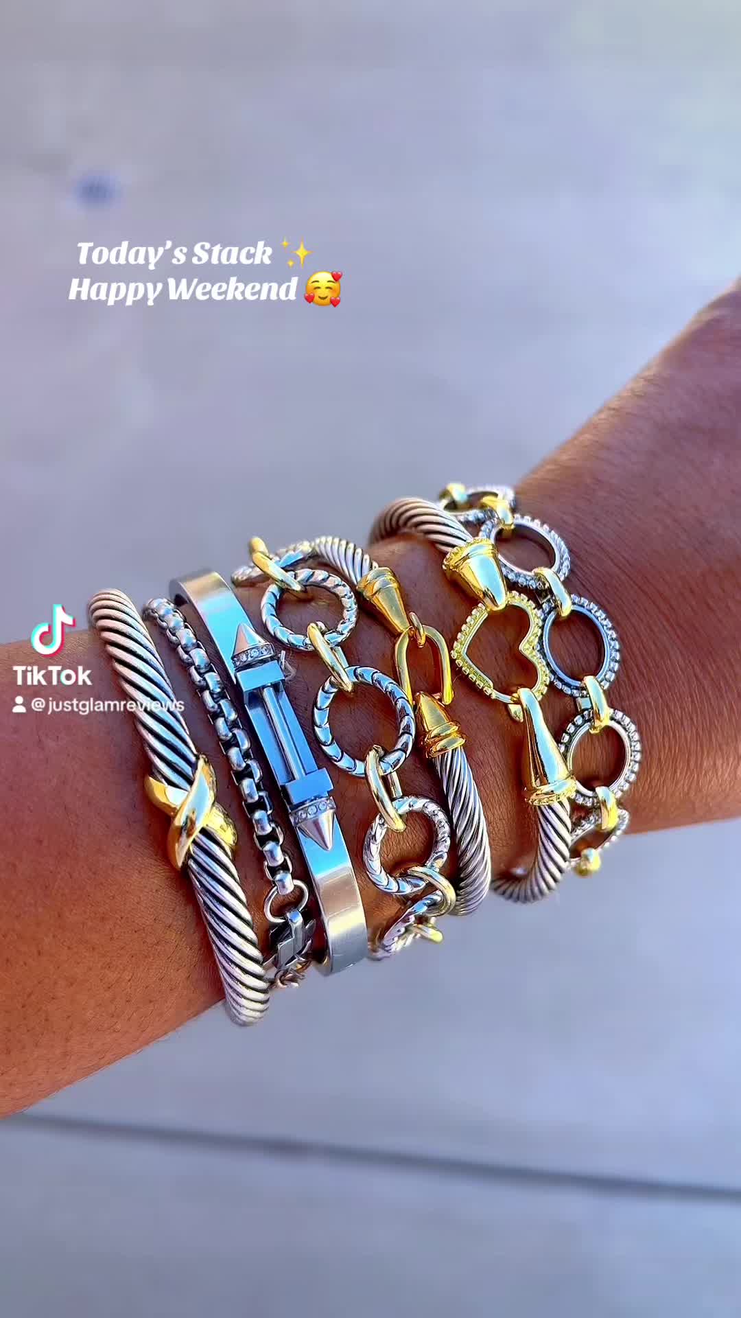 TikTok post by @justglamreviews for Aprilery Jewelry-US. Caption reads: New to stacking your bracelets? @Aprilery....