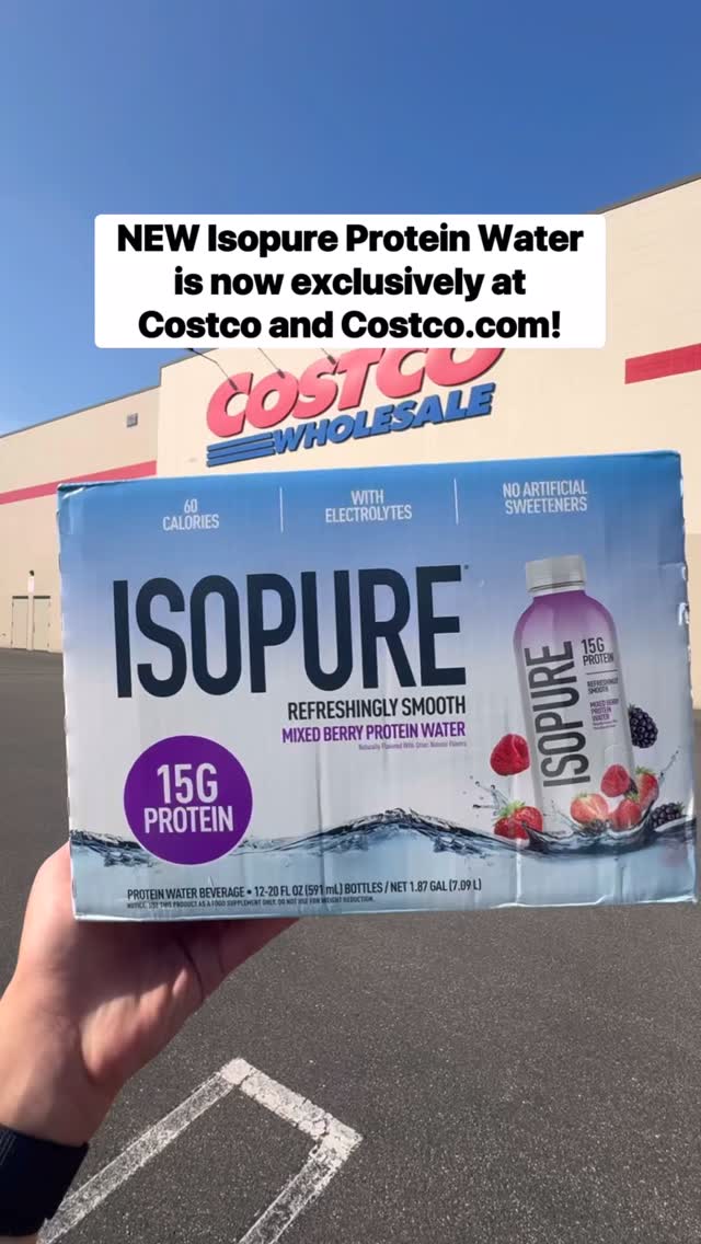 Instagram post by @costcobuys for The Isopure Company. Caption reads: #IsopurePartner 💧 NEW Isopure Protein Water is....