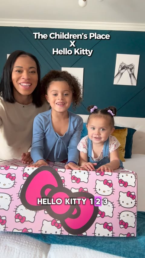 Instagram post by @the_walters_family_ for Hello Kitty. Caption reads: [...] pink fluffy shirt 🤩  @childrensplace....