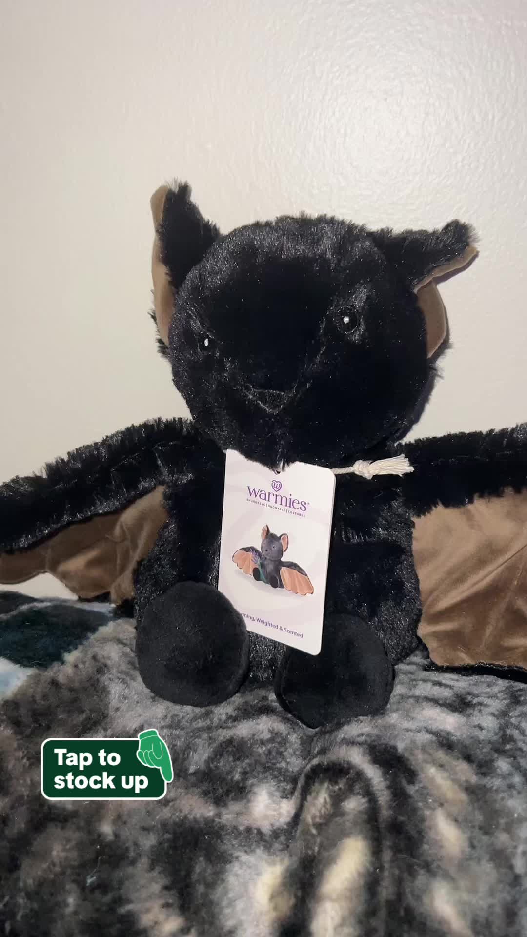TikTok post by @natbutt04 for Warmies. Caption reads: $29.99. Bat Warmies - Heatable, Chillable,....
