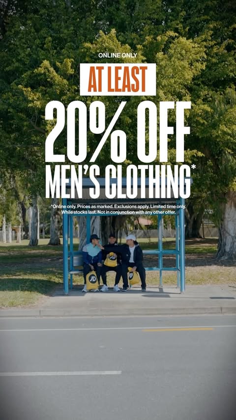 Instagram post by @vaele.lads for JD Sports. Caption reads: [...] 20% Off Men’s Clothing, Online Only.....