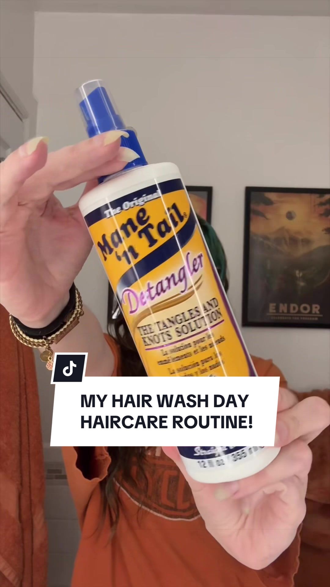 TikTok post by @jacmystyle for oVertone Color. Caption reads: My hair wash day haircare routine! @oVertone Color....