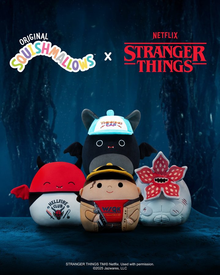 Instagram post by @squishmallowsuk for Jazwares. Caption reads: Happy Stranger Things Day to all who celebrate!....