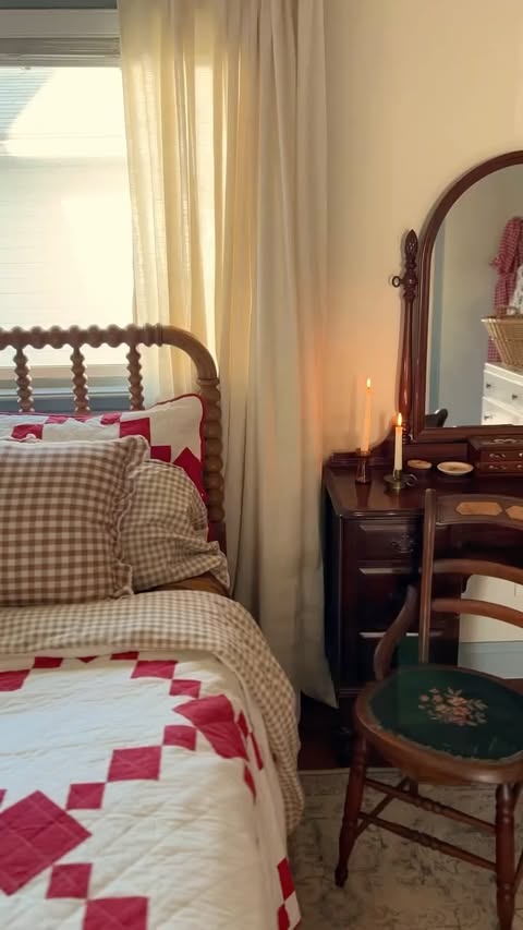 Instagram post by @ourlittlegreencottage for Joydeco. Caption reads: [...] to my bedroom and these curtains from....