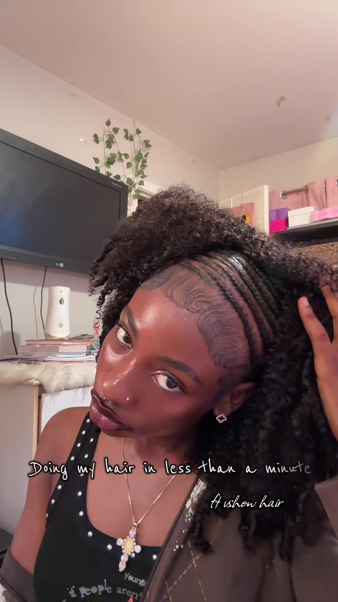 TikTok post by @sisidtm for Vshowhair. Caption reads: 10/10 half wig no leave out needed took me less....